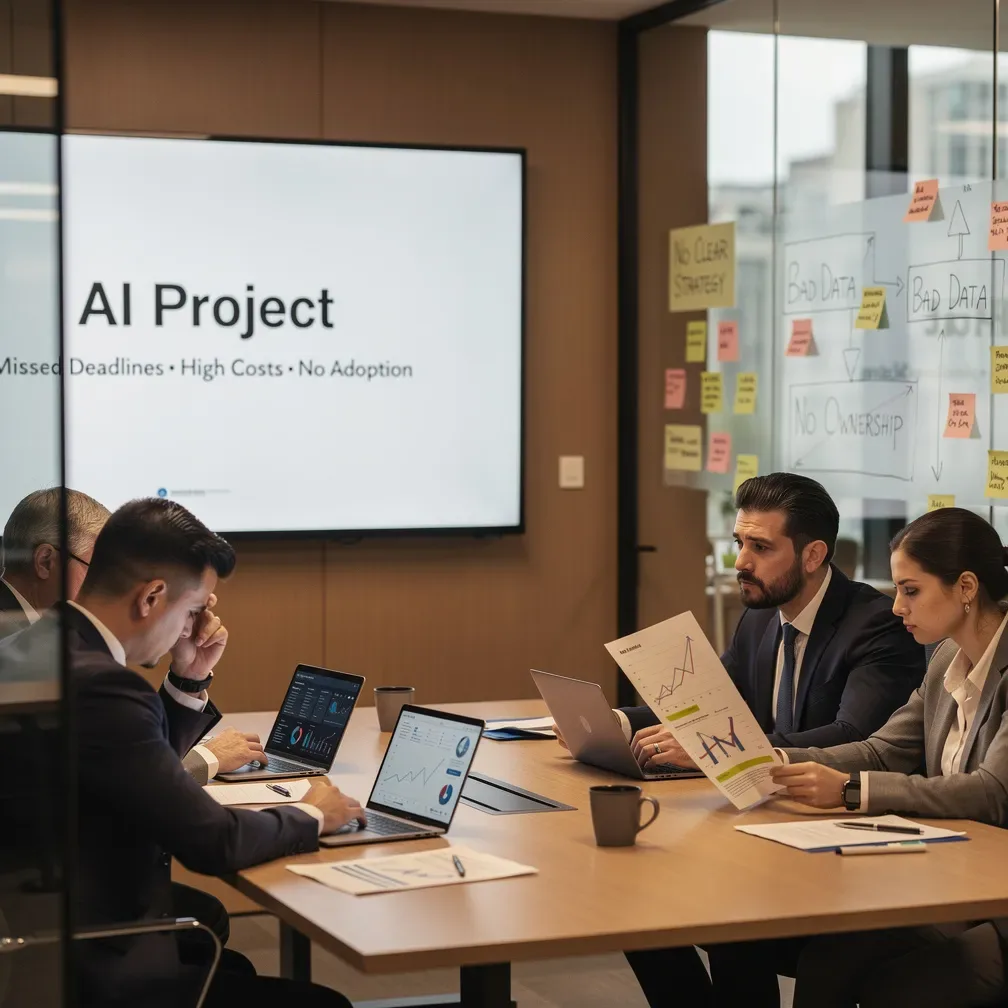 Mitarbeiter:innen sitzen an einem Tisch in einem Meeting-Raum und diskutieren über ein AI-Projekt. 