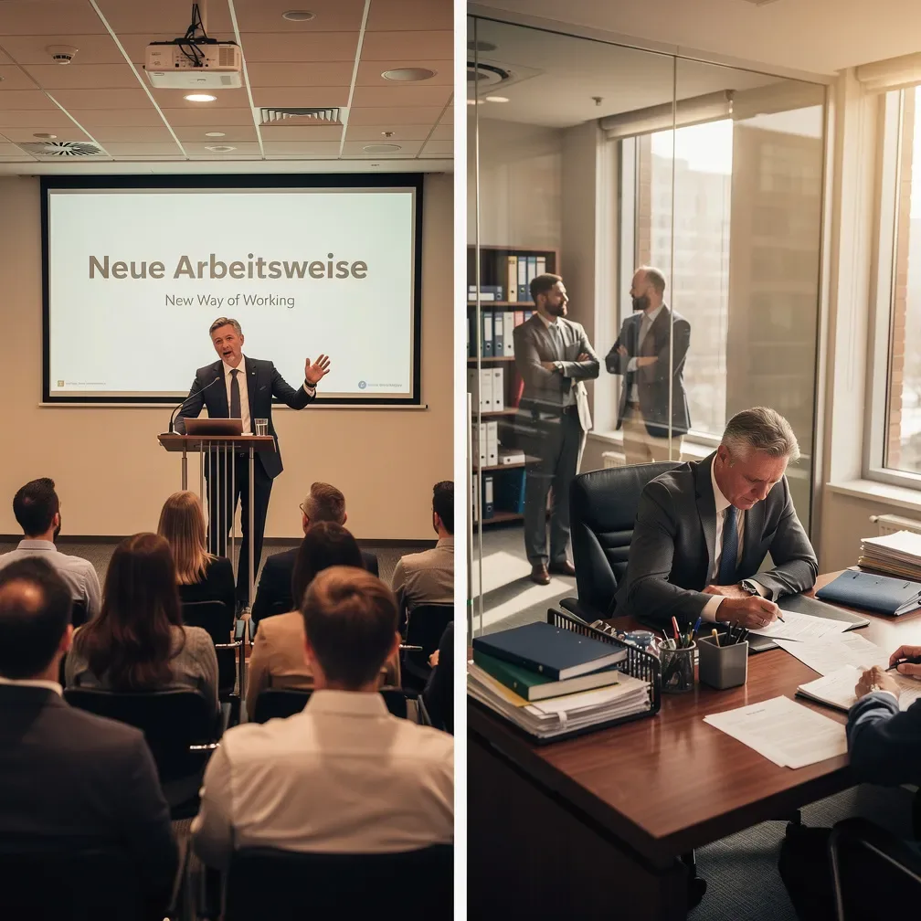 Zwei Bilder: Links sieht man eine Führungskraft die "Neue Arbeitsweise" präsentieren. Rechts sieht man, dass auch danach alles im selben Trott weiterläuft. 