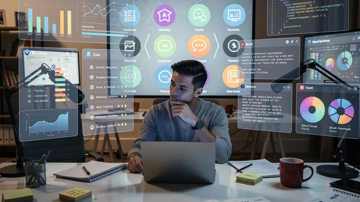 Ein User sitzt zwischen Screens von verschiedenen AI-Tools und überlegt, welches er verwenden soll.