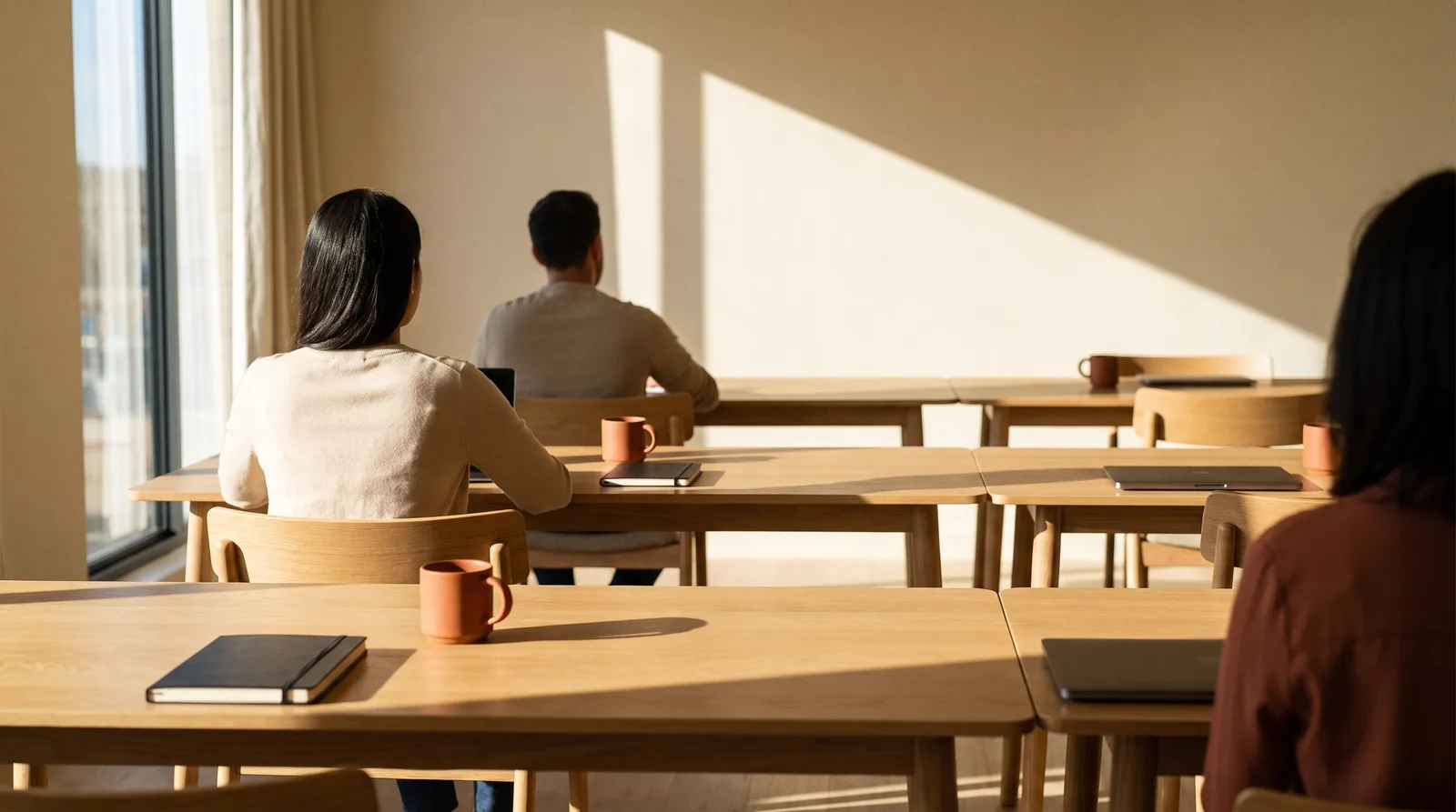 Ein heller Schulungsraum mit zwei Teilnehmenden von hinten, Notizbüchern, Laptops und Tassen auf hellen Holztischen. (KI-generiert)