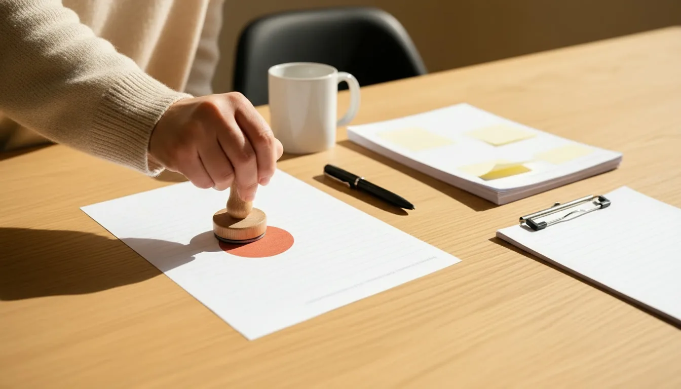 Eine Hand drückt an einem Besprechungstisch einen Stempel auf ein Formular; weitere Formulare mit Haftnotizen und eine Mappe mit Klammer warten auf dem Tisch. (KI-generiert)