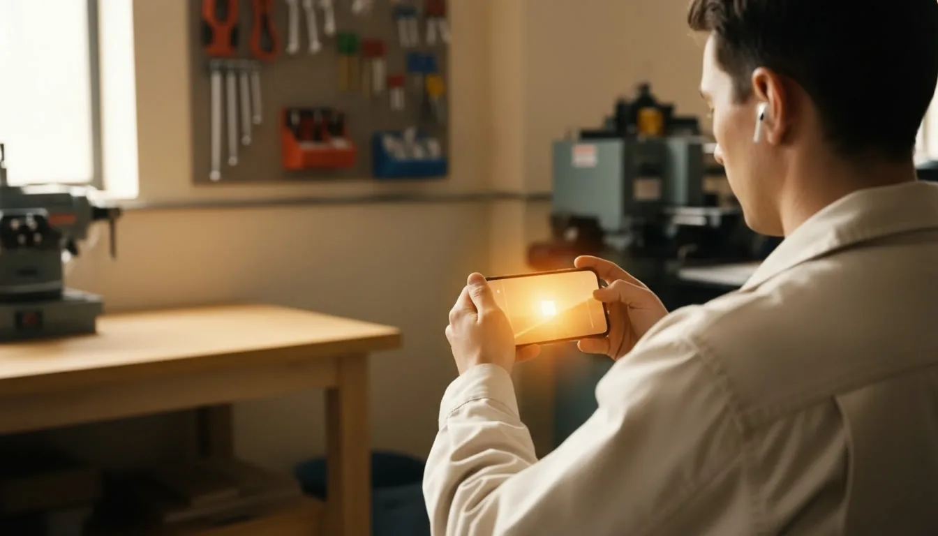 Ein Mitarbeiter in Arbeitsjacke sieht in einer Werkstatt ein Video auf seinem Smartphone an und trägt dabei einen Ohrhörer. (KI-generiert)