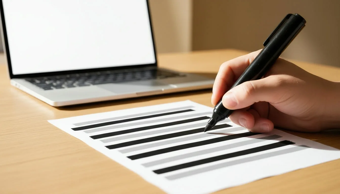 Eine Hand schwärzt mit einem dicken schwarzen Stift mehrere Zeilen auf einem Ausdruck, dahinter steht ein Laptop. (KI-generiert)