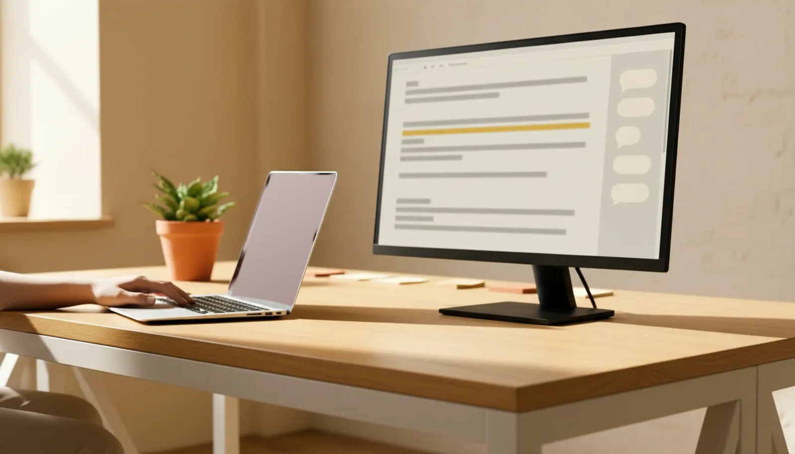 A modern workplace with a laptop and a large monitor showing a document with one passage highlighted in yellow and a narrow chat panel. (AI-generated)